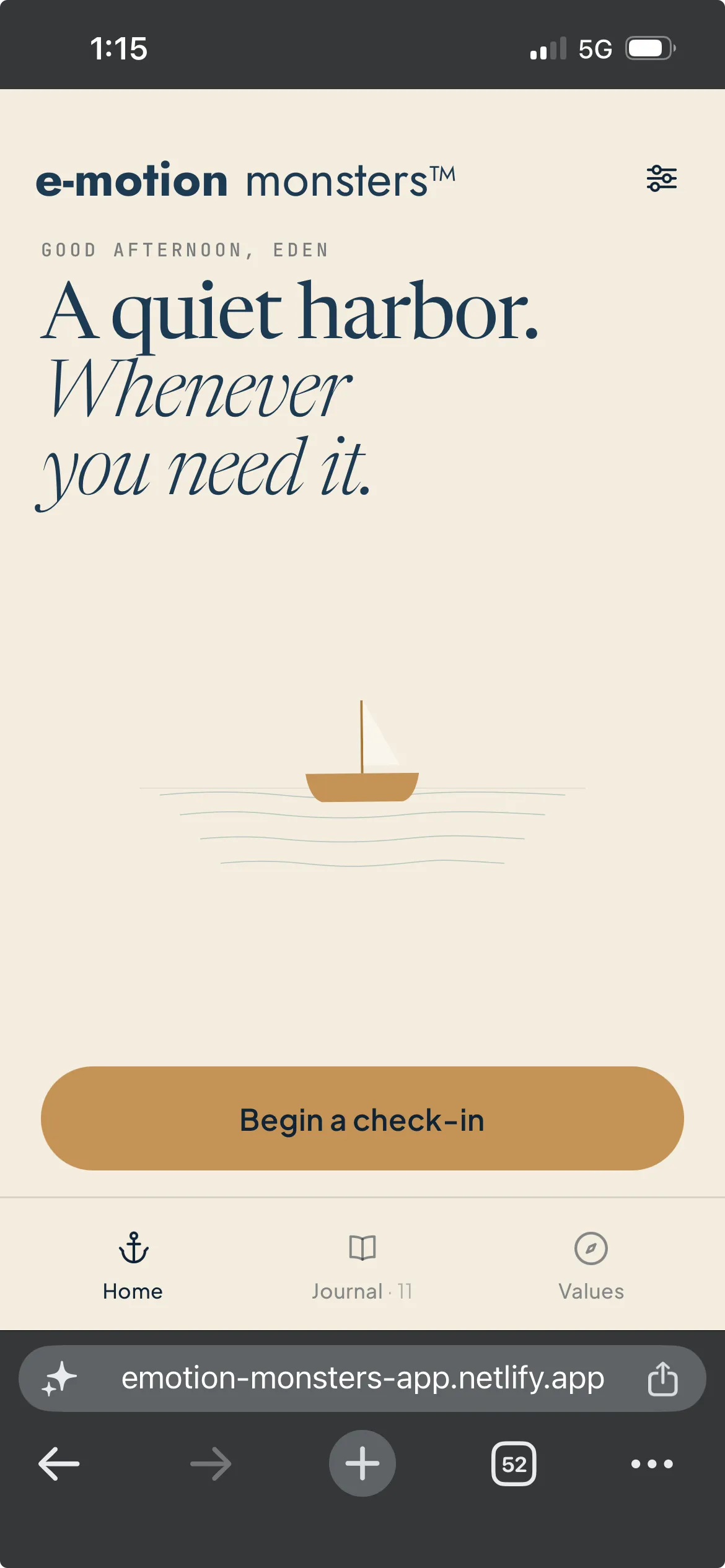 The E-Motion Monsters app home screen — a quiet harbor with a boat and a Begin a check-in button.